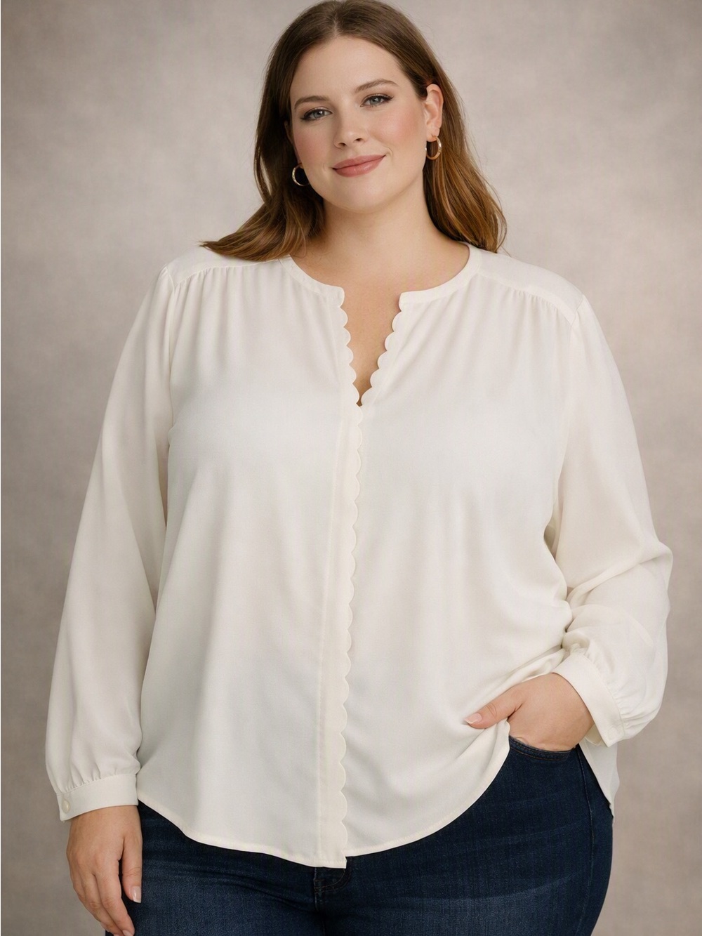 J Crew Long-sleeve scalloped top 3X Ivory Blouse Office Minimalist Classic NWT